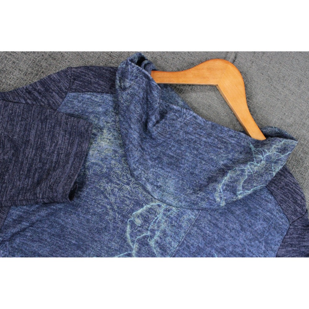 Catherines Womens 0X Blue Floral Cowl Neck Patchwork Knit Top 3/4 Sleeve